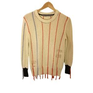 Raquel Allegra Distressed White Boucle striped Cotton Sweater W/Fringe XS